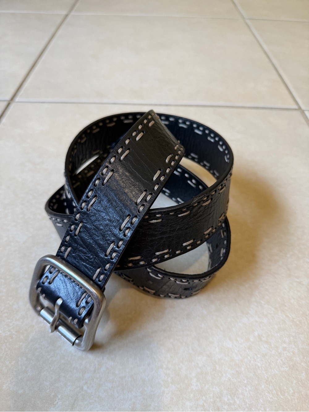 Fossil Brand Stitch Genuine Leather Men’s  Belt  Black Size Large